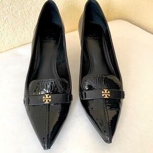 Tory Burch Black Patent Leather Kitten Heels.